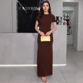 Full view of a slim fit brown maxi dress with short sleeves and round neckline - XS / Dresses / Coffee