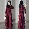 Detailed view showing front and back of pleated ruffle satin evening gown in deep wine red - XS / Dresses / Burgundy