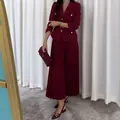 Elegante conjunto de traje burdeos para mujer con americana y falda midi plisada - XS / Top Y Pantalón / Rojo Oscuro