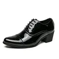 Black patent leather men's high heel dress shoes with pointed toe and brogue detail - 38 / Shiny Brogue Style (QM-365) / Black
