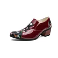 Elegant floral print patent leather pointed toe pumps with chunky wooden block heel. - 38 / Red