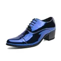Men's pointed toe high heel dress shoes in shiny blue patent leather finish. - 38 / Mirror Blue Style (QM-368) / Blue