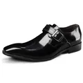 Elegant black patent leather monk strap dress shoe with square toe for business men - 38 / Black (HT-7952)