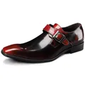 Men's retro burgundy gradient patent leather monk strap dress shoes with square toe - 38 / Red (HT-7952)