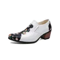 Floral pattern pointed-toe leather shoes featuring a chunky wooden-style block heel - 38 / White
