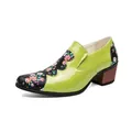 Elegant floral pointed-toe loafers with lime green patent leather and a block heel. - 38 / Green