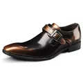 Men's vintage brown gradient leather monk strap shoes with square toe and buckle detail. - 38 / Square Toe Monk Strap Leather Shoes (HT-7952) / Bronze
