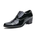 Classic black patent leather men's oxford shoes with high chunky heel and pointed toe - 38 / Mirror Patent Leather Style (QM-368) / Black
