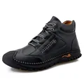 Men's black leather high-top Martin boots with grey laces and decorative white stitching - 38 / Black