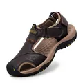 Classic dark brown men's outdoor closed-toe sandals with breathable hollow design - 38 / Deep Brown