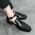 Stylish black square-toe leather shoes with ankle strap on gray concrete background. - 38 / Black T08