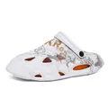 Comfortable white men's beach sandals with thick sole and stylish graphic print design - 39 / White/Orange (2210-1)