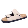 Premium Herren Sommer Sandalen mit dicker Sohle in Beige Wildleder Optik SKU Detail - 39 / Doppelriemen Verstellbarer Pantoletten-Stil / Abgesetzt Weiß (BXJ-Z73)