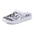 Breathable men's summer clogs featuring unique black and white newspaper graphic print - 38 / White