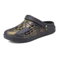Men's breathable black garden clogs with gold patterned print and slip-resistant sole - 38 / Newspaper Style Clogs / Gray Newspaper Print