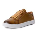 Bruine lederen lage casual heren sneakers met dikke witte zolen en bruine veters. - 38 / Low-Top Skateschoenen (9881) / Geel