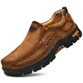 Brown leather outdoor hiking shoes for men with breathable perforations - 38 / Slip-on Style (3237) / Brown