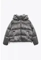 Full front view of a shiny gray metallic hooded puffer jacket with zipper closure - XS / Silver