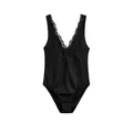 Detailed view of elegant black satin bodysuit with delicate lace V-neckline trim - XS / Jumpsuits / Black