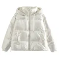 Detailed front view of a shiny pearl white metallic hooded puffer jacket for women - XS / Ivory