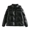 High quality close-up of a glossy black metallic hooded puffer jacket for women. - XS / Black