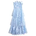Light blue tiered strapless dress with 3D floral appliqués and embroidery details - S / Dresses / Light Blue