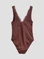 Elegant coffee brown satin bodysuit featuring intricate floral lace trim on the V-neckline - XS / Jumpsuits / Coffee