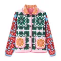Close-up of a vibrant street style floral printed padded jacket with wooden buttons - S / Tops / Pink