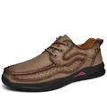 Heren bruine ademende outdoor leren schoenen met vetersluiting, laag ontwerp en dikke zool - 38 / Khaki (Vier Seizoenen)