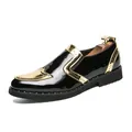 Men's stylish black patent leather loafers with gold metallic brogue trim detailing - 38 / Gold