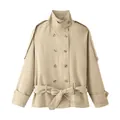 Stylish khaki double-breasted short trench coat with a stand-up collar and belt - S / Tops / Khaki