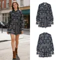 Bohemian navy blue paisley print long sleeve mini dress with a matching waist tie belt - XS / Dresses / Navy Blue