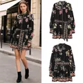 Bohemian black floral print shirt dress featuring a tie-waist and long cuffed sleeves - XS / Dresses / Black