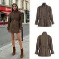 Dark brown high collar belted trench coat jacket for women shown in multiple views - XS / Tops / Olive Green
