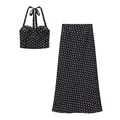 Elegant black and white polka dot two-piece set with halter top and long maxi skirt - S / Top And Bottom / Black