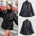 Women's black faux leather jacket with adjustable waist for autumn and winter - XS / Tops / Black