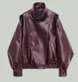 Dunkelviolette Kunstlederjacke mit Lychee-Maserung und hohem Kragen-Design - XS / Oberteile / Burgunderrot