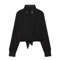 Elegant black wrap-front long sleeve blouse with stand collar and tie-hem detail - S / Tops / Pink