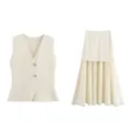 Conjunto elegante de chaleco de punto crema con botones dorados y falda plisada - S / Top Y Pantalón / Blanco