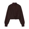 Elegant chocolate brown high-neck draped long-sleeve blouse with twisted front detail - S / Tops / Dark Brown