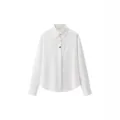 Elegant white silk satin shirt with gold buttons and a classic lapel collar. - S / Tops / White