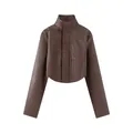 Detailed view of brown slim fit PU leather jacket with corset-style fishbone hem. - S / Top (YSJ80-Z26071) / Dark Brown