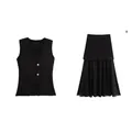 Black knit vest with gold buttons and matching pleated skirt set for women. - S / Top And Bottom / Black