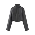 Detailed front view of stylish women's black faux leather jacket with unique corset waist. - S / Top (YSJ80-Z26071) / Black
