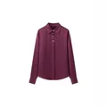Elegant burgundy satin long sleeve blouse with lapel collar and gold decorative buttons - S / Tops / Purple