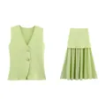 Elegant lime green knit vest with gold buttons and matching pleated midi skirt set. - S / Top And Bottom / Light Green