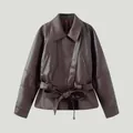Dark burgundy short faux leather jacket variant featuring a stylish adjustable waist belt - S / Coffee