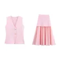 Elegant pink knit vest with gold buttons and matching pleated skirt two-piece set for women - S / Top And Bottom / Pink