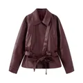Elegant women's short faux leather jacket in burgundy with adjustable waist belt. - S / Burgundy