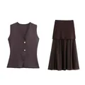 Dark brown knitted vest with gold buttons and matching pleated patchwork skirt set - S / Top And Bottom / Dark Brown